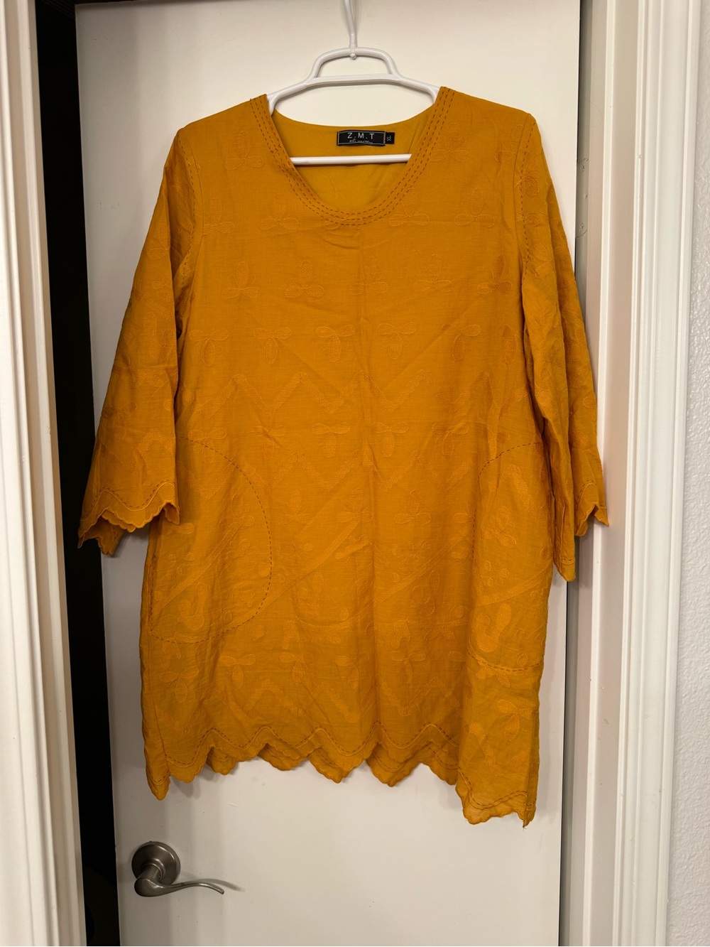 Women's Mustard V-Neck Embroidered Long Sleeve Tunic